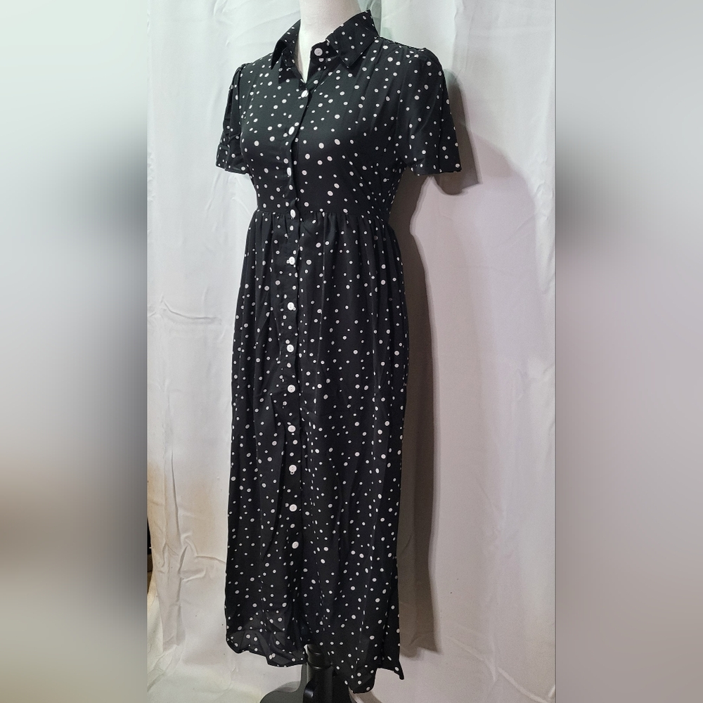 Women's Black Sheer Collared Polka Dot Short Sleeve Midi Dress Size XS EUC π - Picture 7 of 14